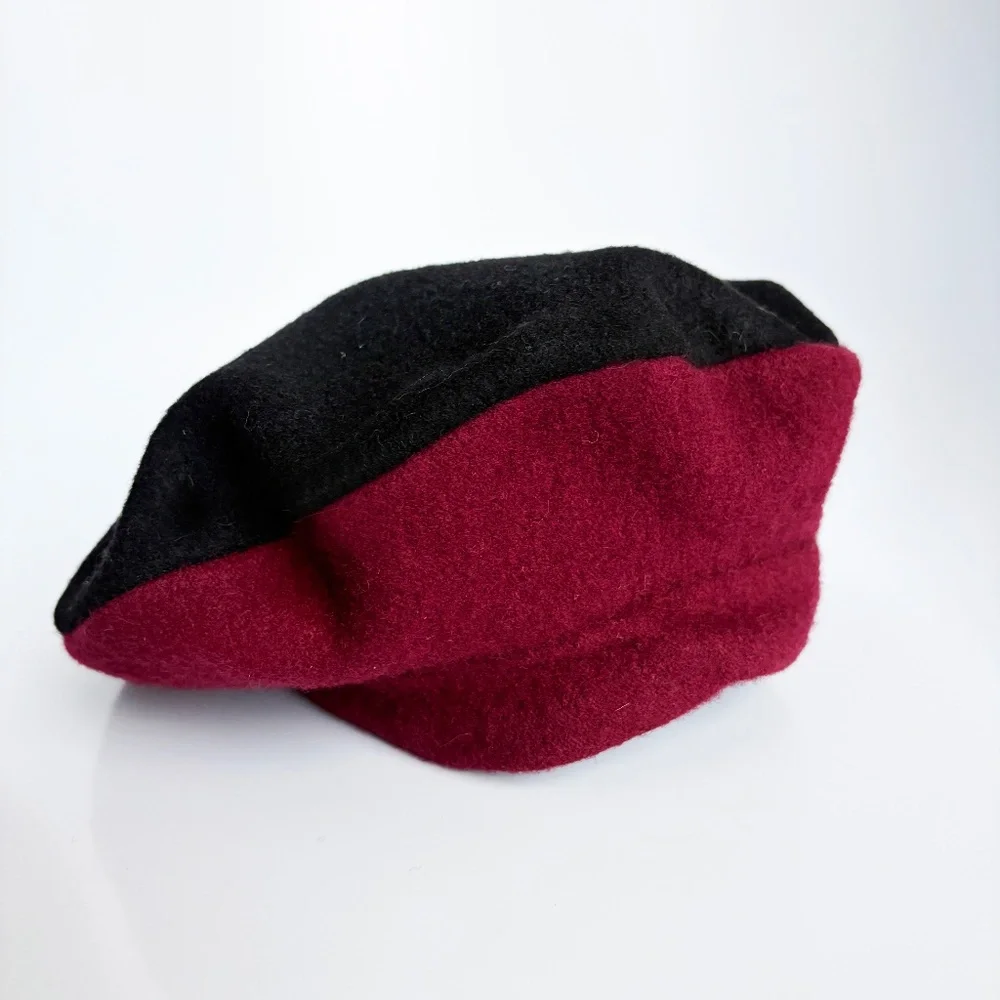 Vintage Norma Kamali for Stetson Wool Beret – Black & Burgundy Two-Tone (1980s)